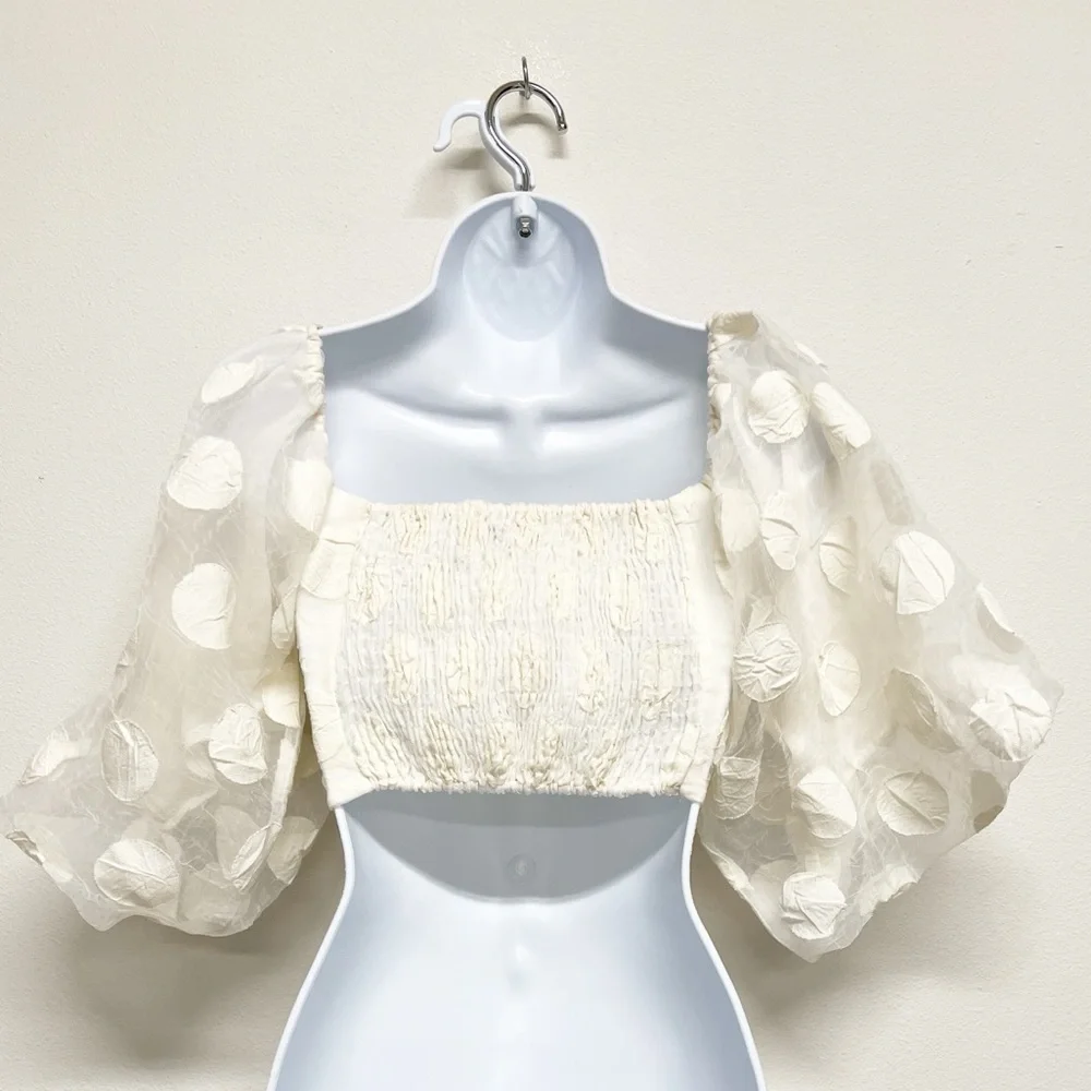Zara Womens Bloggers Fave Cream Rose Petal Balloon Sleeve Cropped Top Size XS